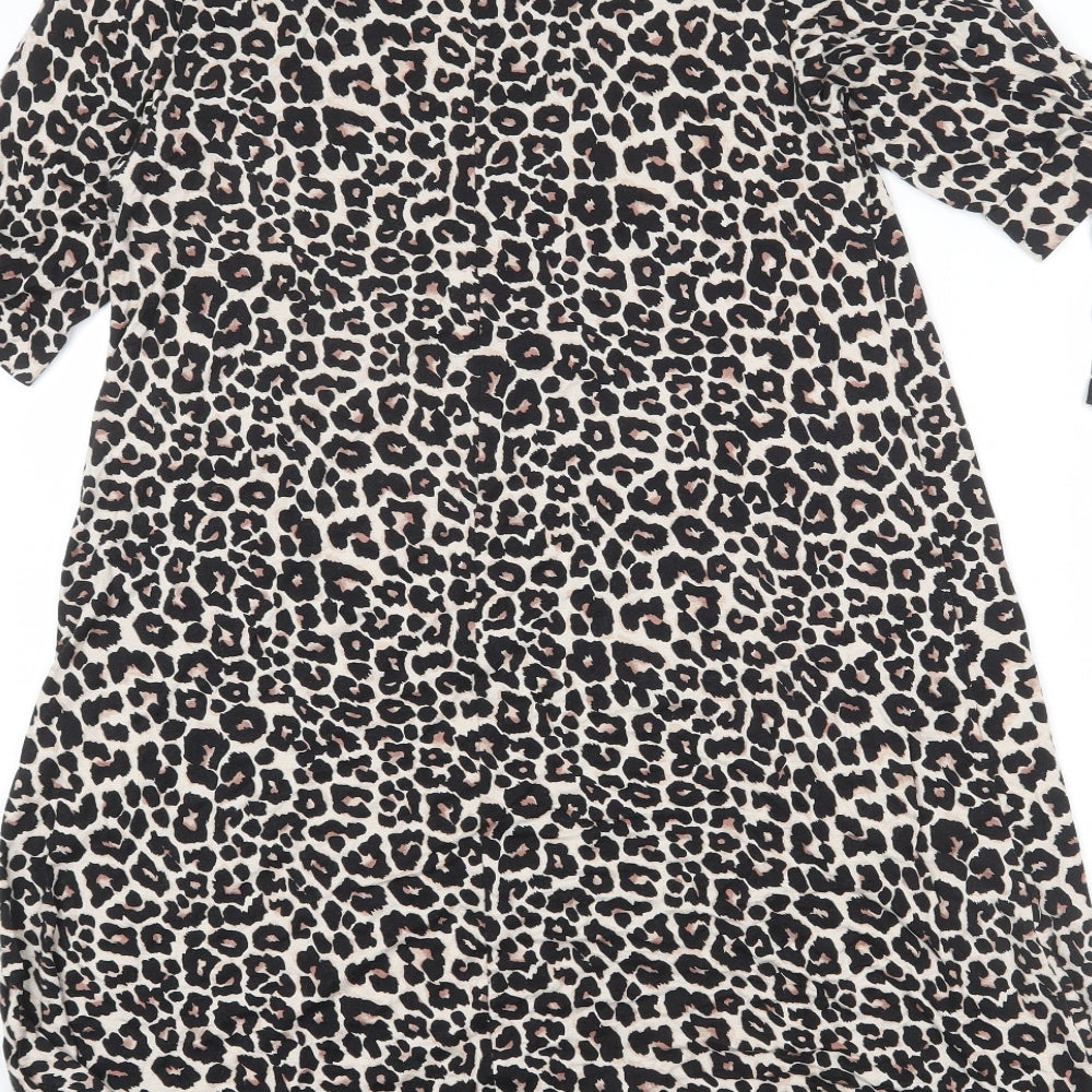 Debenhams Womens Beige Animal Print Viscose A-Line Size 14 Round Neck Button - Cold Shoulder, Leopard Print