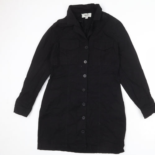 New Look Womens Black 100% Cotton Shirt Dress Size 14 Collared Button