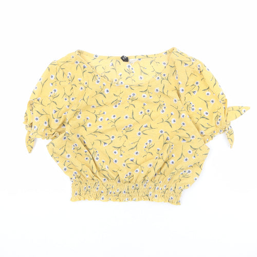 Divided by H&M Womens Yellow Floral Polyester Cropped Blouse Size M Scoop Neck