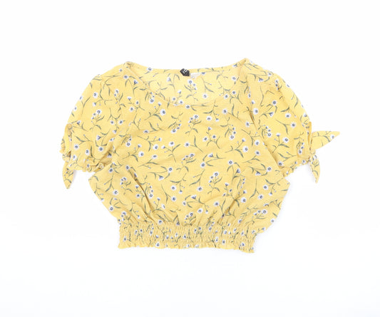 Divided by H&M Womens Yellow Floral Polyester Cropped Blouse Size M Scoop Neck