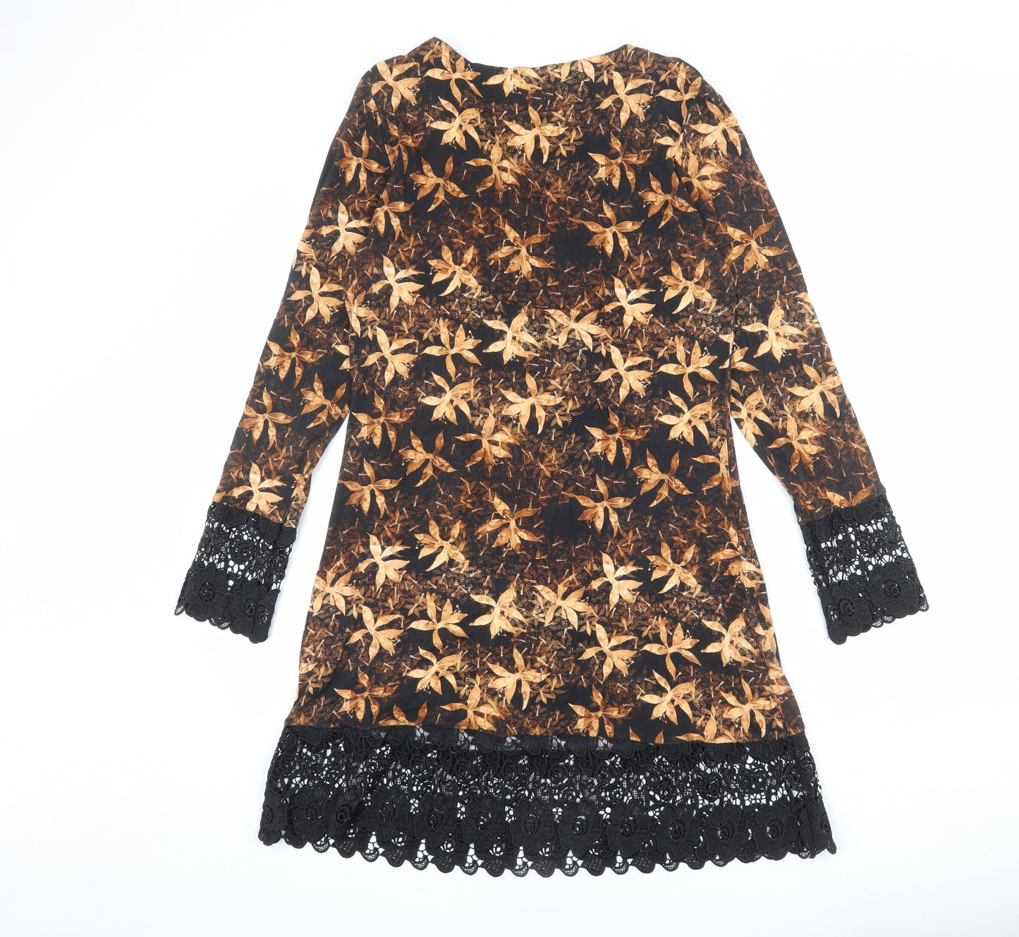 Joe Browns Womens Black Geometric Viscose A-Line Size 12 V-Neck Pullover - Lace Trim