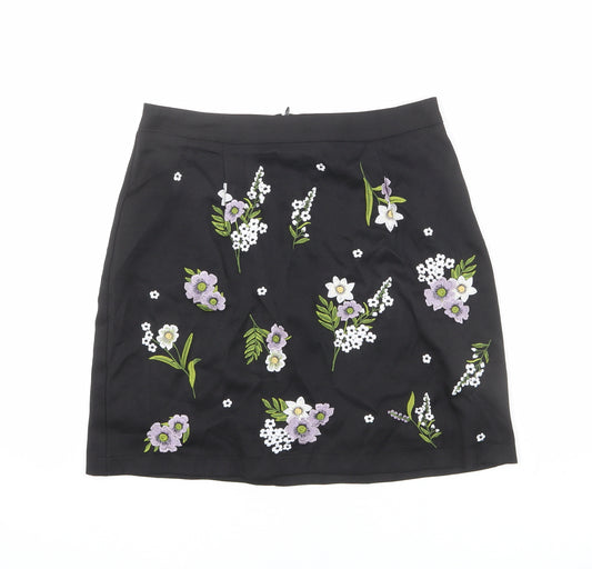 New Look Womens Black Floral Polyester A-Line Skirt Size 10 Zip
