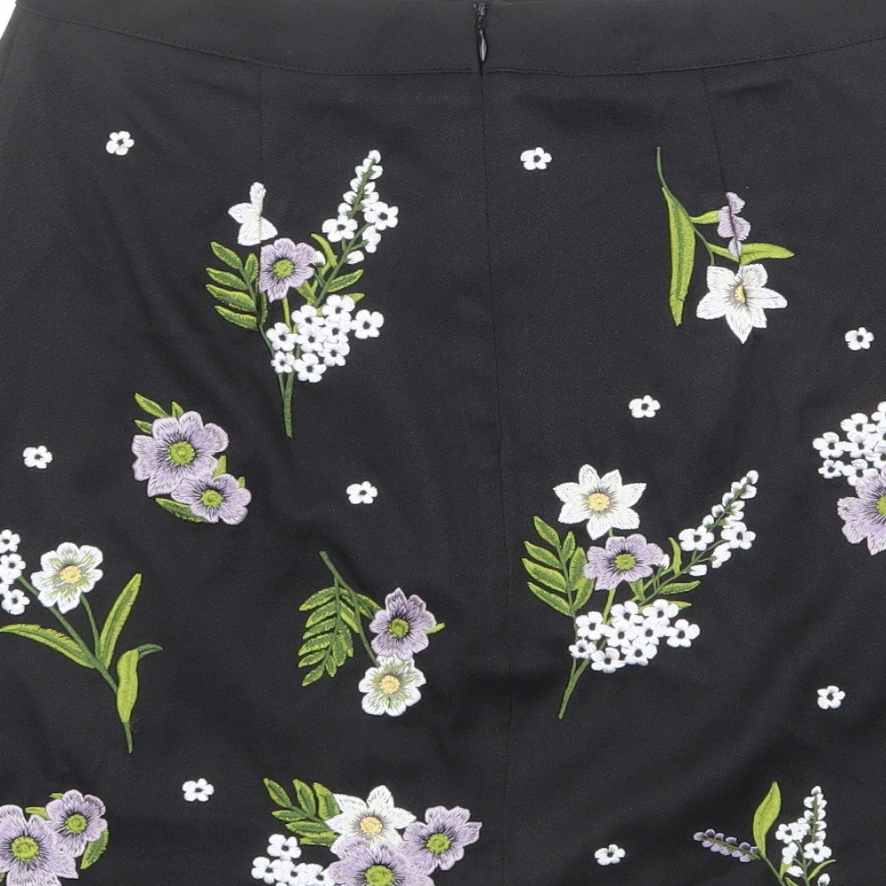 New Look Womens Black Floral Polyester A-Line Skirt Size 10 Zip