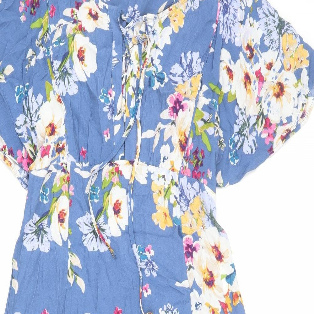 Monsoon Womens Blue Floral Viscose A-Line Size 10 V-Neck Zip - Lace Up Detail