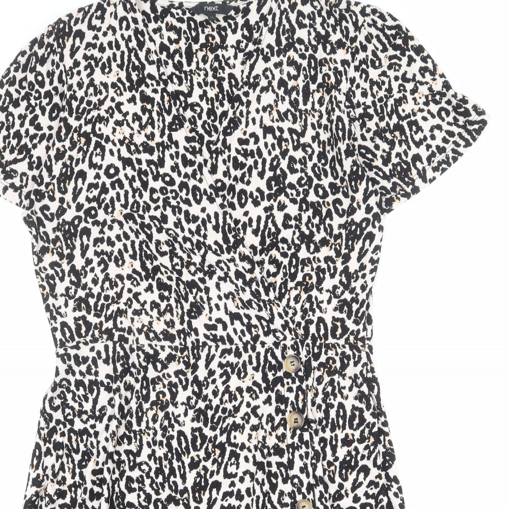 NEXT Womens Black Animal Print Viscose A-Line Size 14 V-Neck Button