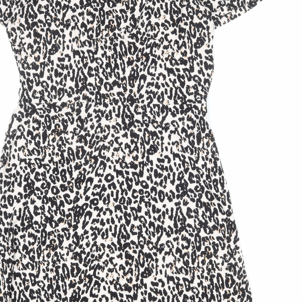 NEXT Womens Black Animal Print Viscose A-Line Size 14 V-Neck Button