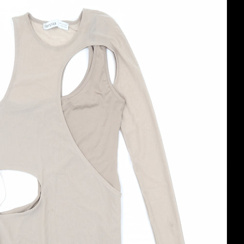 Bershka Womens Beige Polyester Mini Size S Round Neck Pullover
