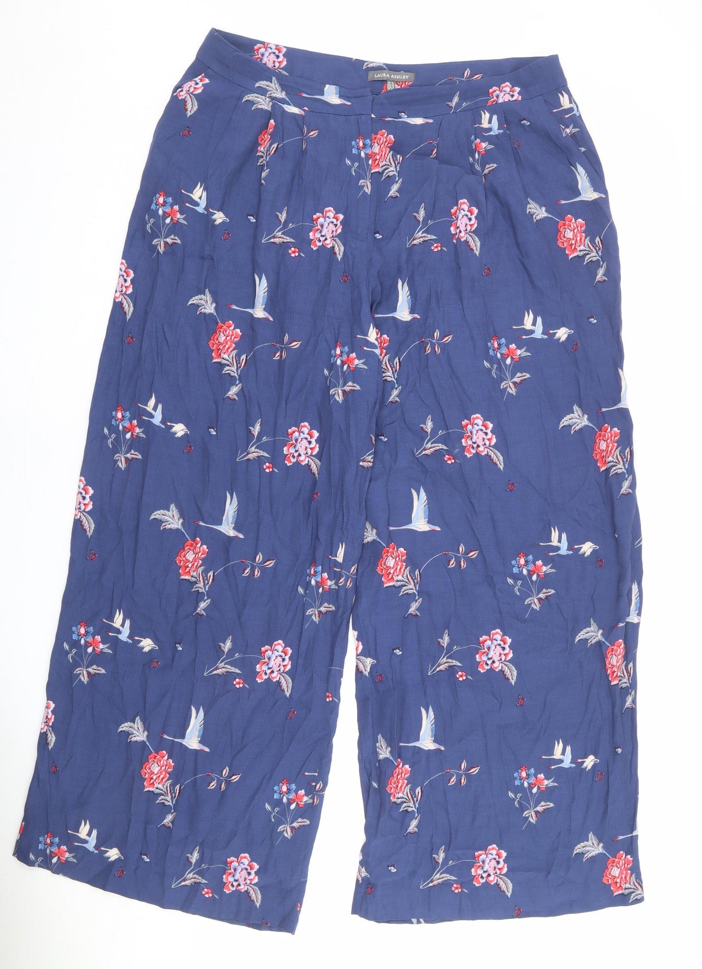 Laura Ashley Womens Blue Geometric Viscose Trousers Size 16 L28 in Regular Zip - Floral Bird Print