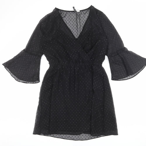 Divided by H&M Womens Black Polka Dot Polyester A-Line Size 16 V-Neck Pullover - Bell Sleeve