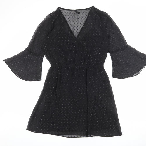 Divided by H&M Womens Black Polka Dot Polyester A-Line Size 16 V-Neck Pullover - Bell Sleeve