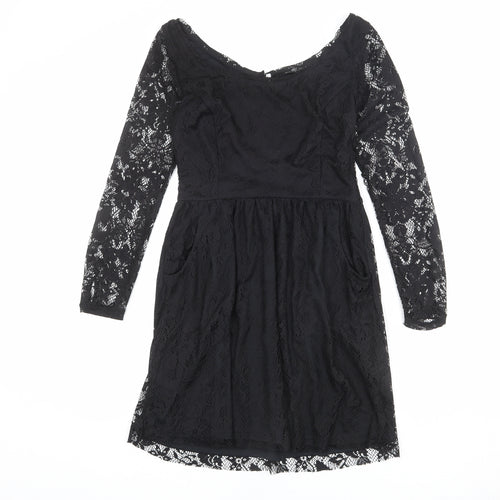 Zara Womens Black Polyester A-Line Size M Boat Neck Button - Lace