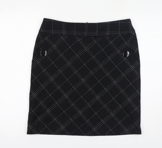 Marks and Spencer Womens Black Check Polyester A-Line Skirt Size 12 Zip