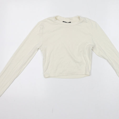 Zara Womens Ivory Cotton Cropped T-Shirt Size M Round Neck