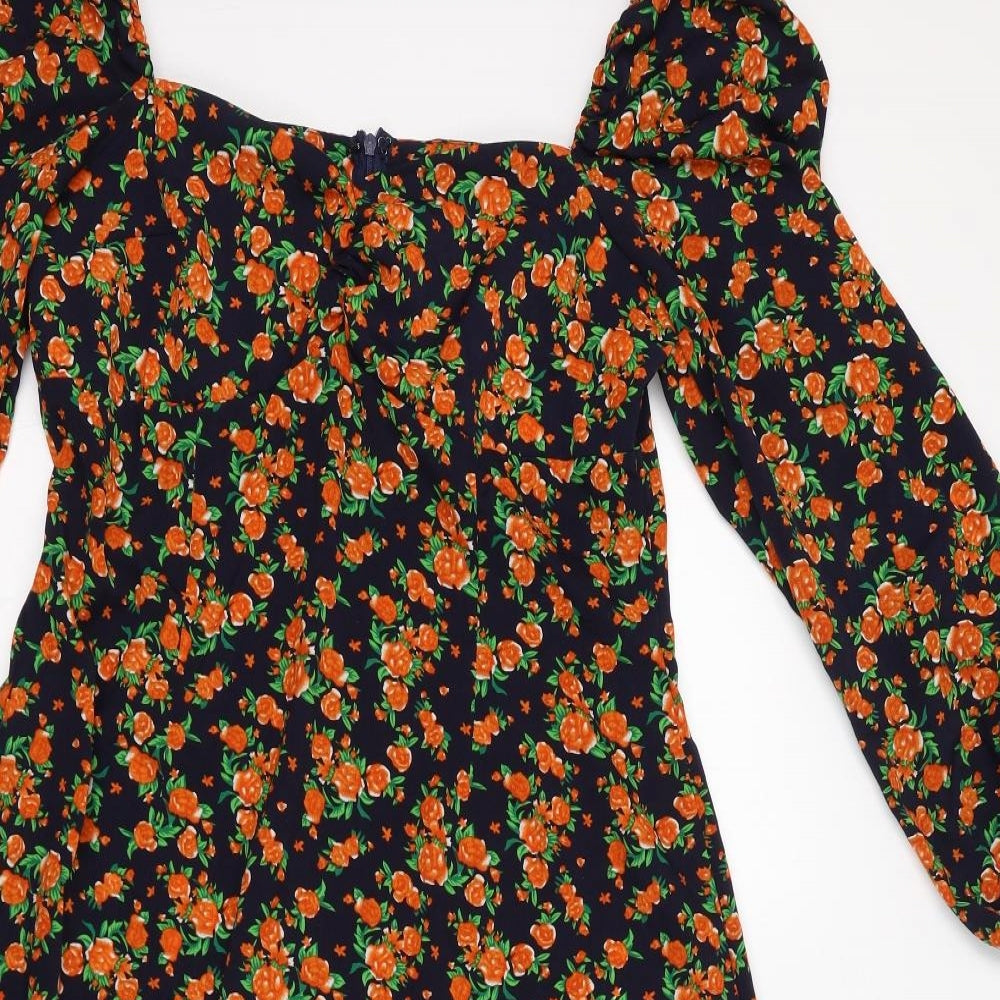 Missguided Womens Orange Floral Polyester A-Line Size 14 Square Neck Zip