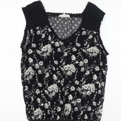 SOLITAIRE Womens Black Floral Cotton Basic Blouse Size M V-Neck
