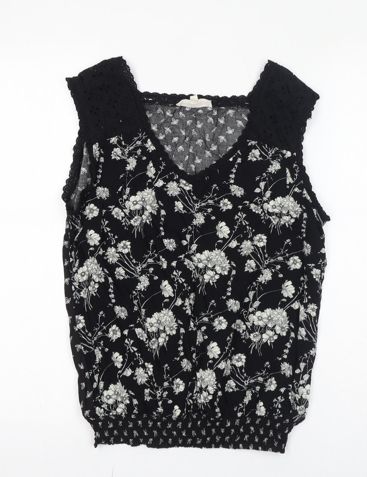 SOLITAIRE Womens Black Floral Cotton Basic Blouse Size M V-Neck