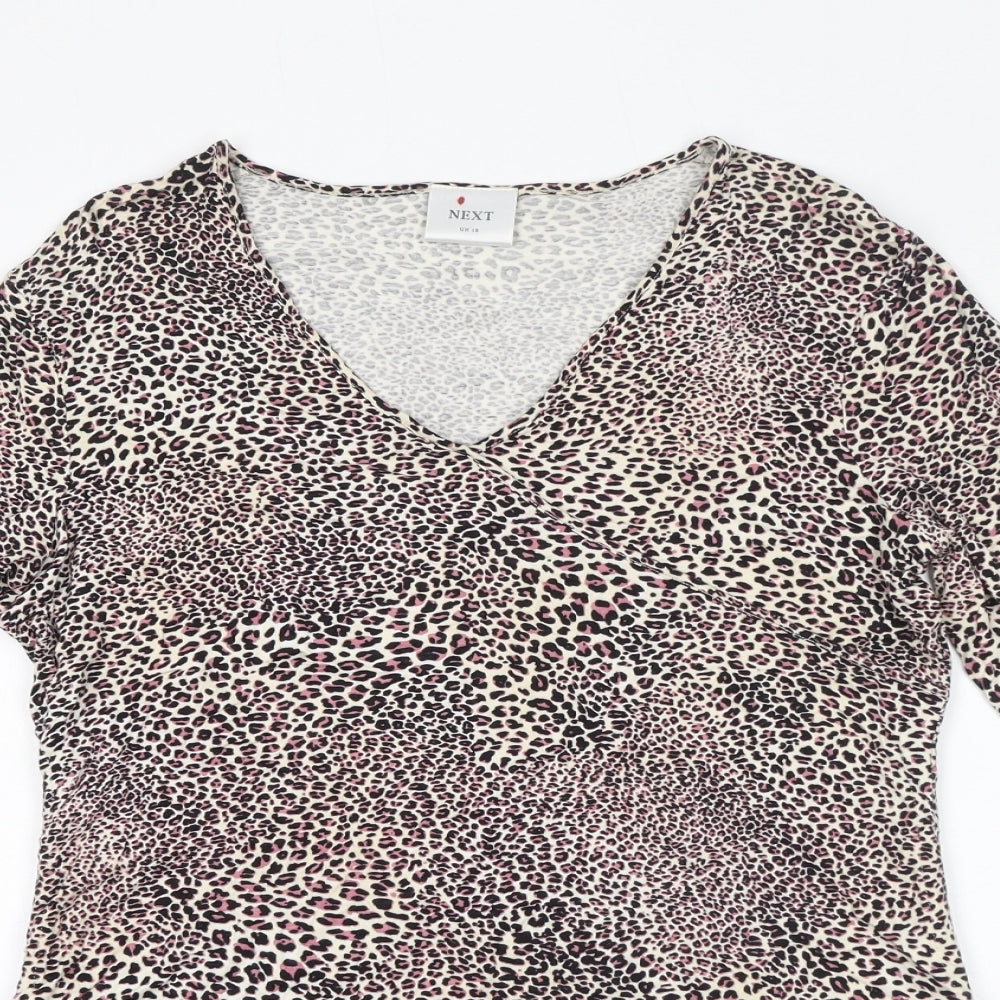 NEXT Womens Pink Animal Print Viscose Basic T-Shirt Size 18 V-Neck - Leopard Print