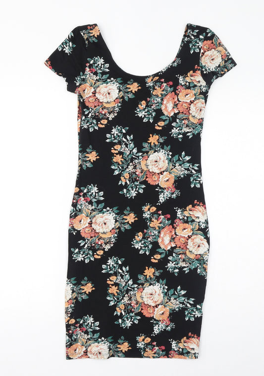 New Look Womens Black Floral Cotton Bodycon Size 8 Scoop Neck Pullover