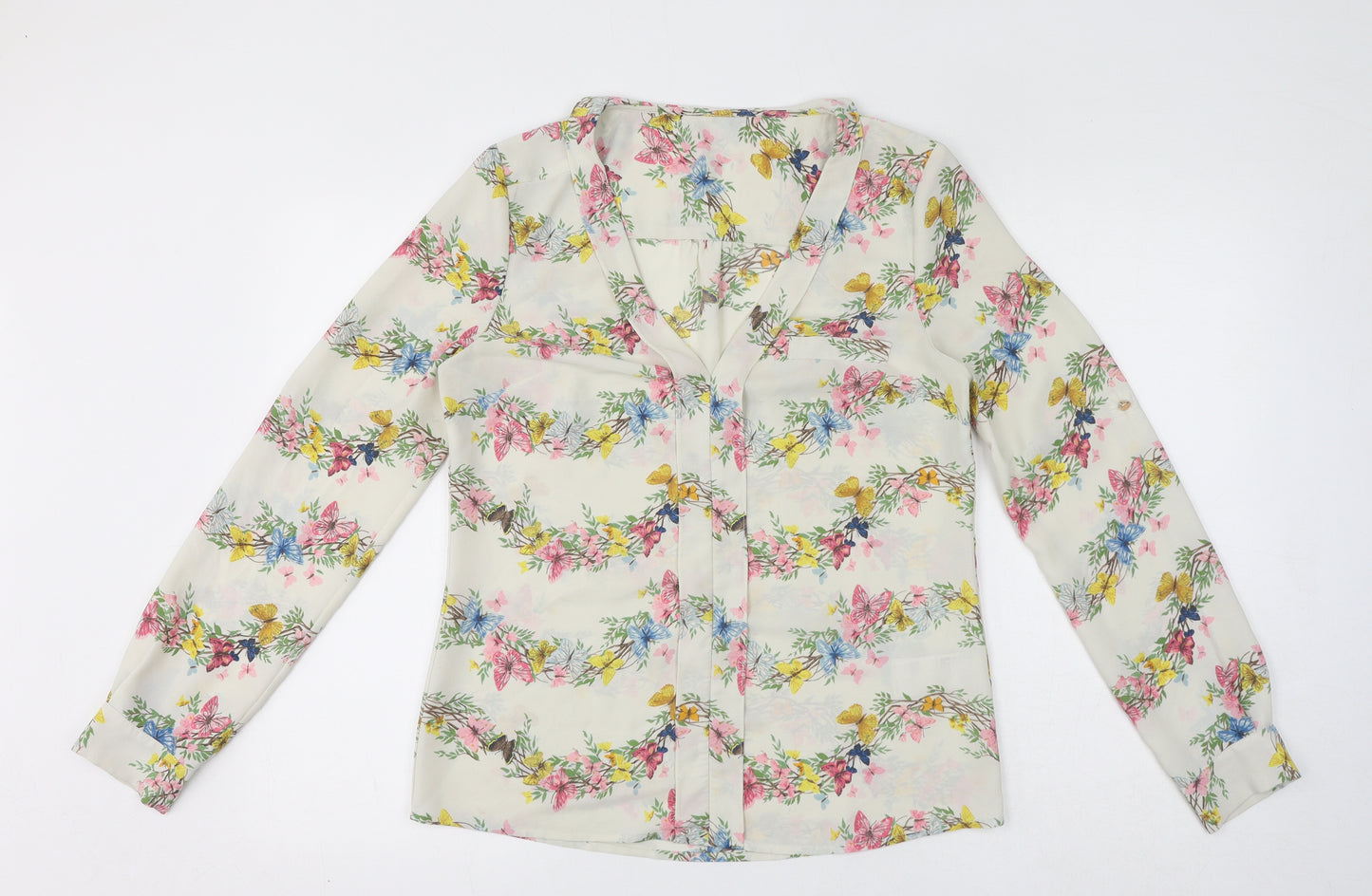 Oasis Womens White Floral Polyester Basic Blouse Size 10 V-Neck