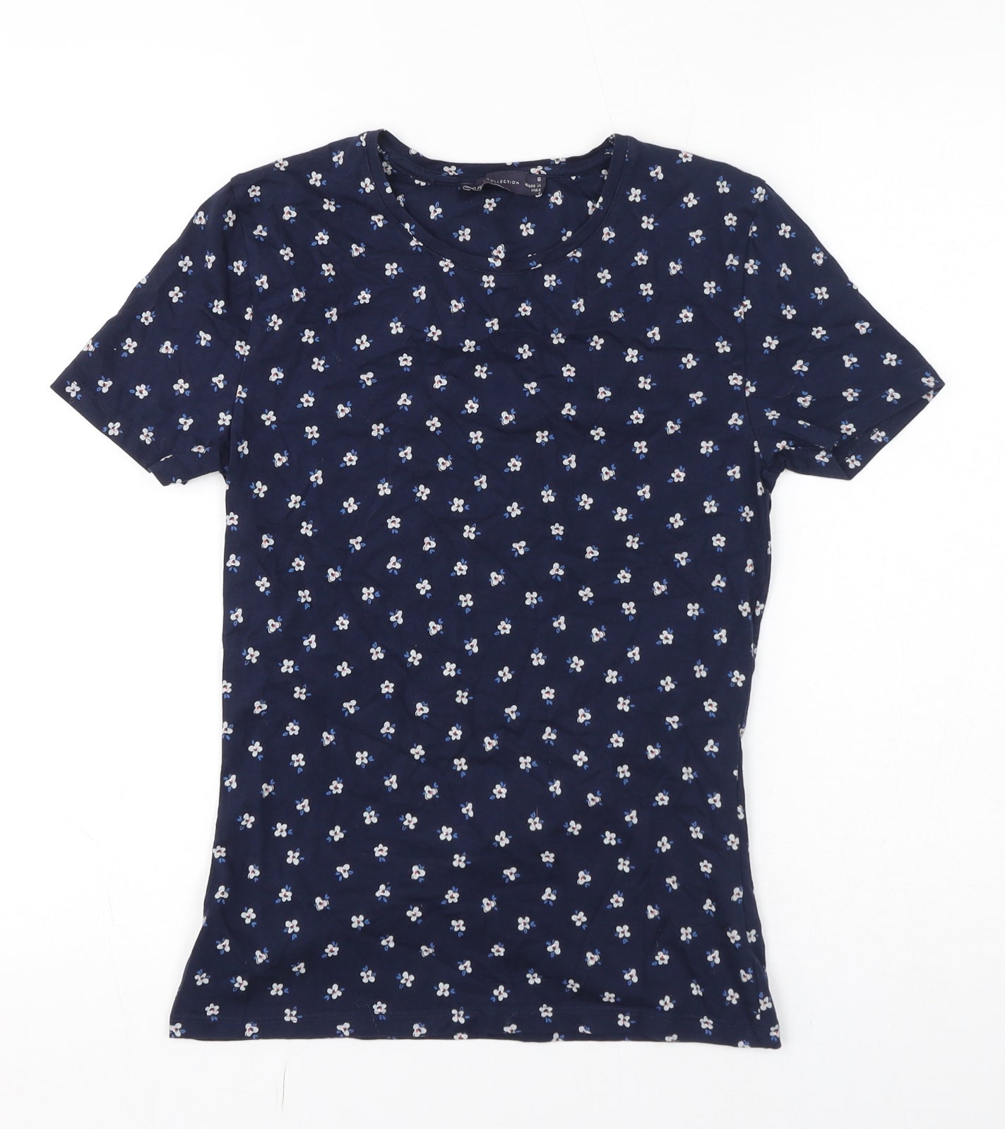 Marks and Spencer Womens Blue Floral Cotton Basic T-Shirt Size 8 Round Neck