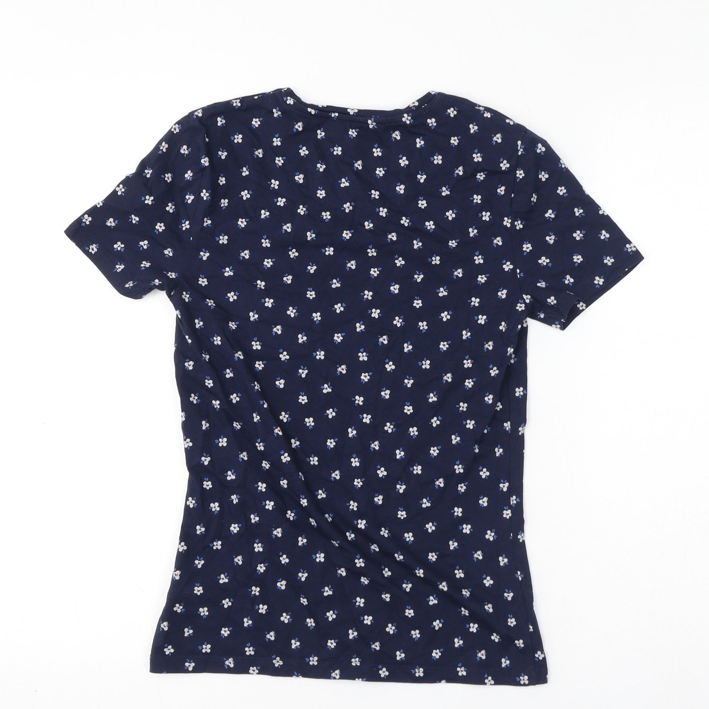 Marks and Spencer Womens Blue Floral Cotton Basic T-Shirt Size 8 Round Neck