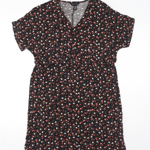 New Look Womens Black Floral Viscose T-Shirt Dress Size 10 V-Neck Pullover