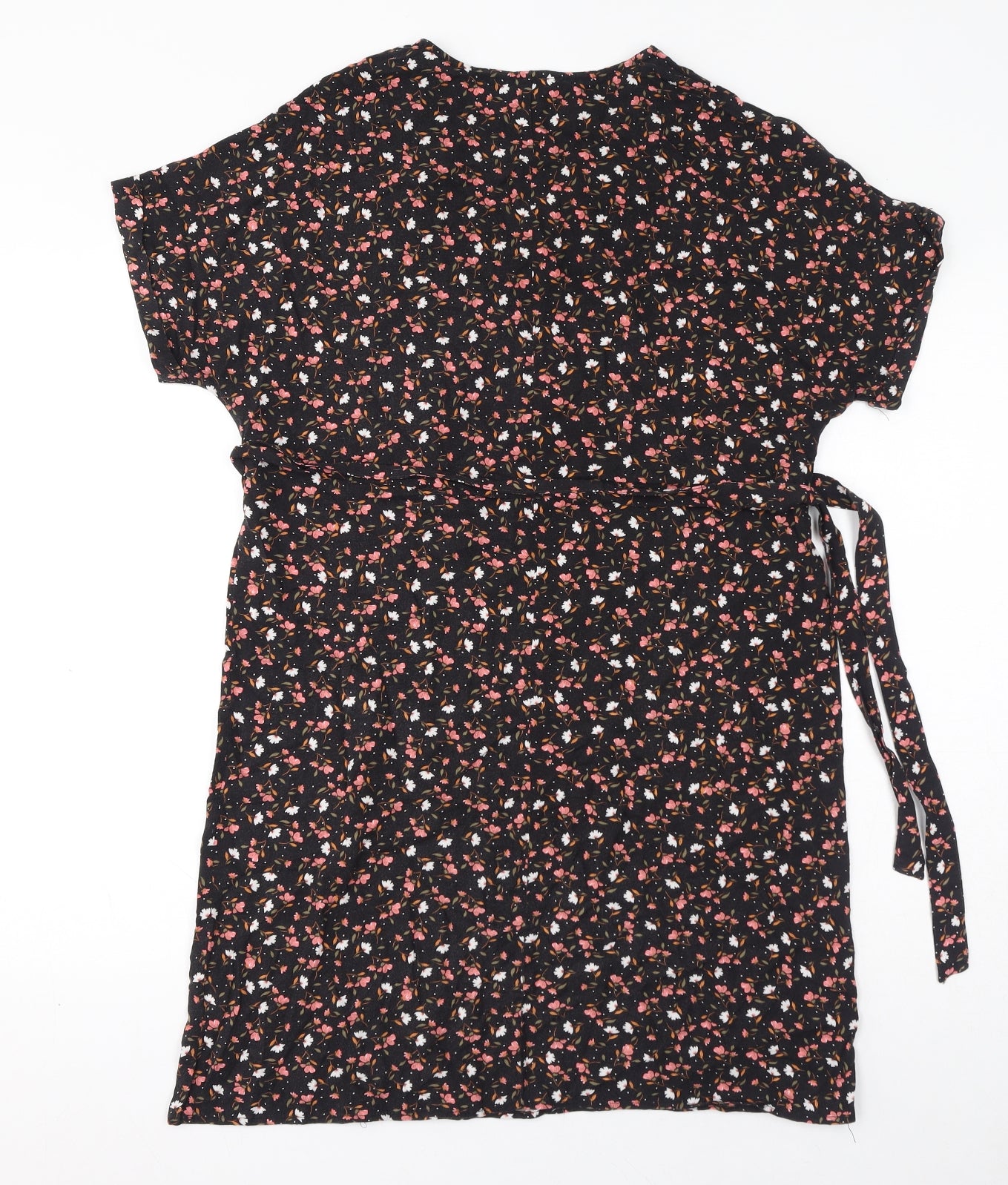 New Look Womens Black Floral Viscose T-Shirt Dress Size 10 V-Neck Pullover
