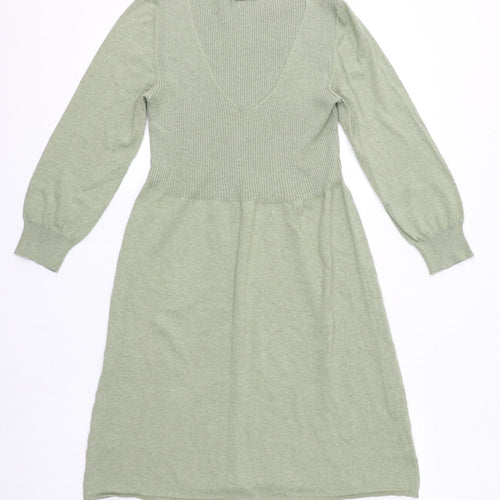 Toast Womens Green 100% Cotton A-Line Size 12 V-Neck Pullover - Ribbed Bodice