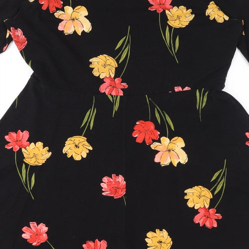 Dorothy Perkins Womens Black Floral Cotton Skater Dress Size 12 Round Neck Pullover