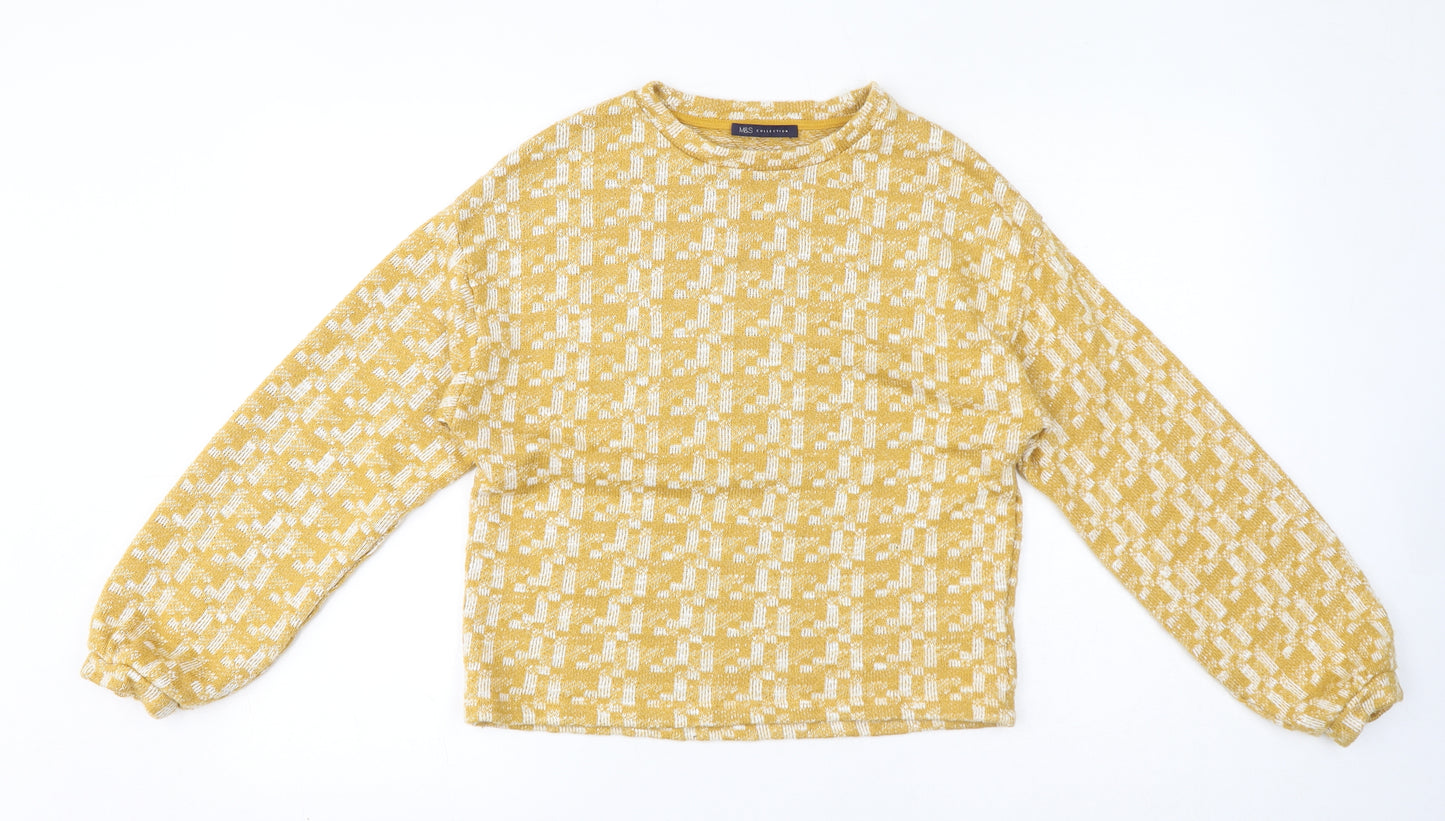 Marks and Spencer Womens Yellow Round Neck Geometric Viscose Pullover Jumper Size 10