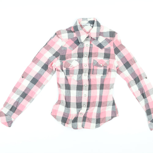 New Look Womens Pink Check Cotton Basic Button-Up Size 8 Collared
