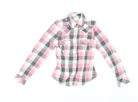 New Look Womens Pink Check Cotton Basic Button-Up Size 8 Collared
