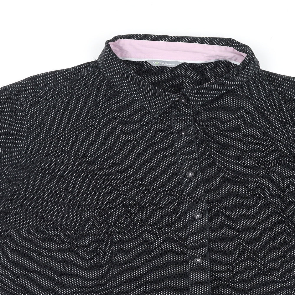 Marks and Spencer Womens Black Polka Dot Cotton Basic Button-Up Size 24 Collared