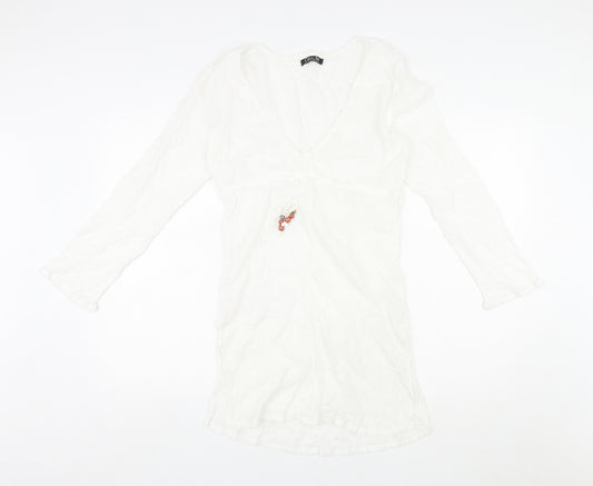 Coral Bay Womens White Polka Dot Cotton Shift Size M V-Neck Pullover - Drawstring Detail