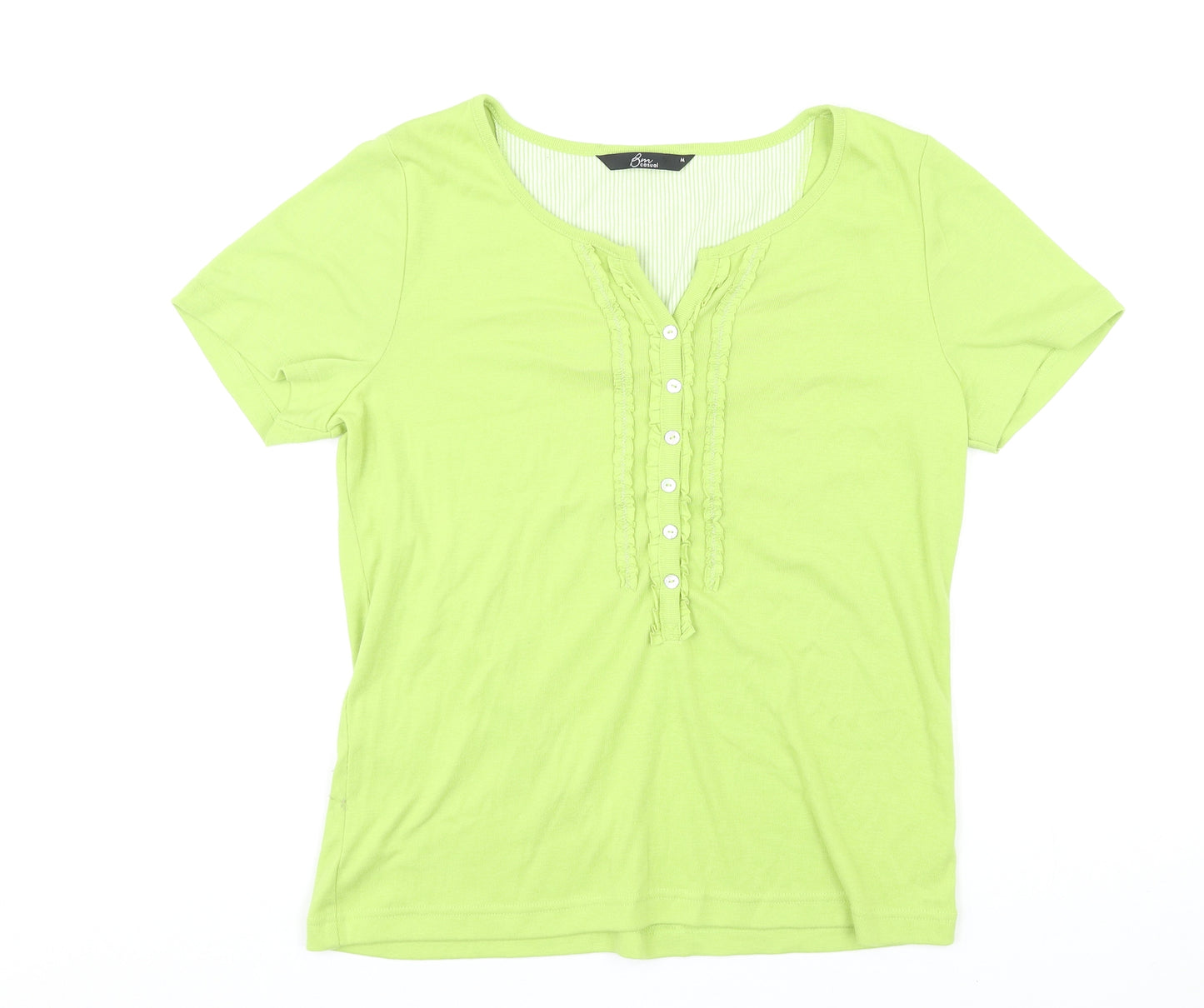 BM Casual Womens Green Polyester Basic T-Shirt Size M Round Neck