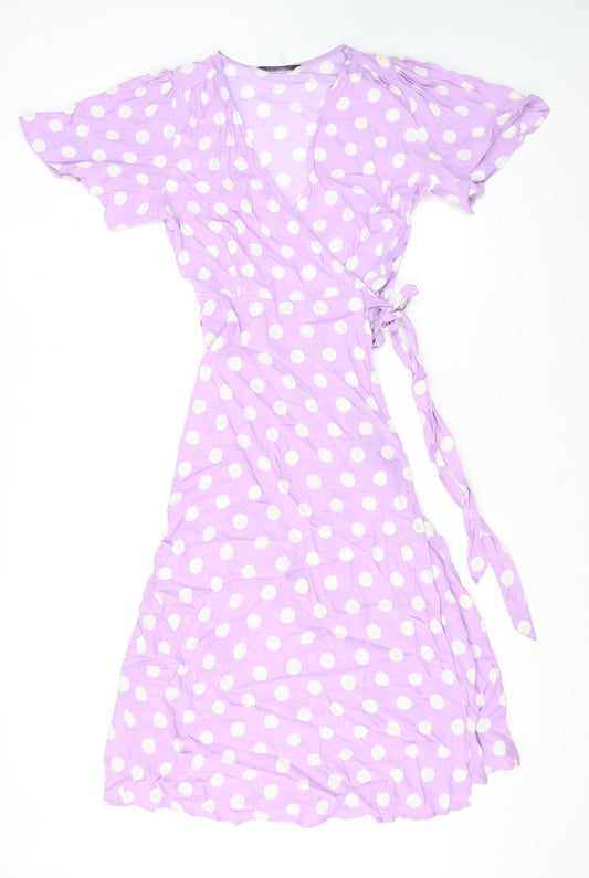 Marks and Spencer Womens Purple Polka Dot Viscose Wrap Dress Size 8 V-Neck Tie