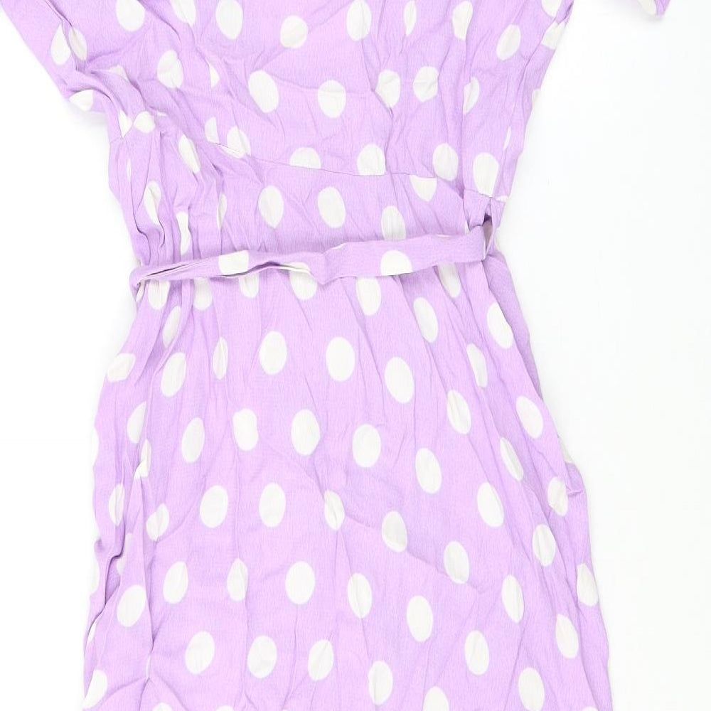 Marks and Spencer Womens Purple Polka Dot Viscose Wrap Dress Size 8 V-Neck Tie