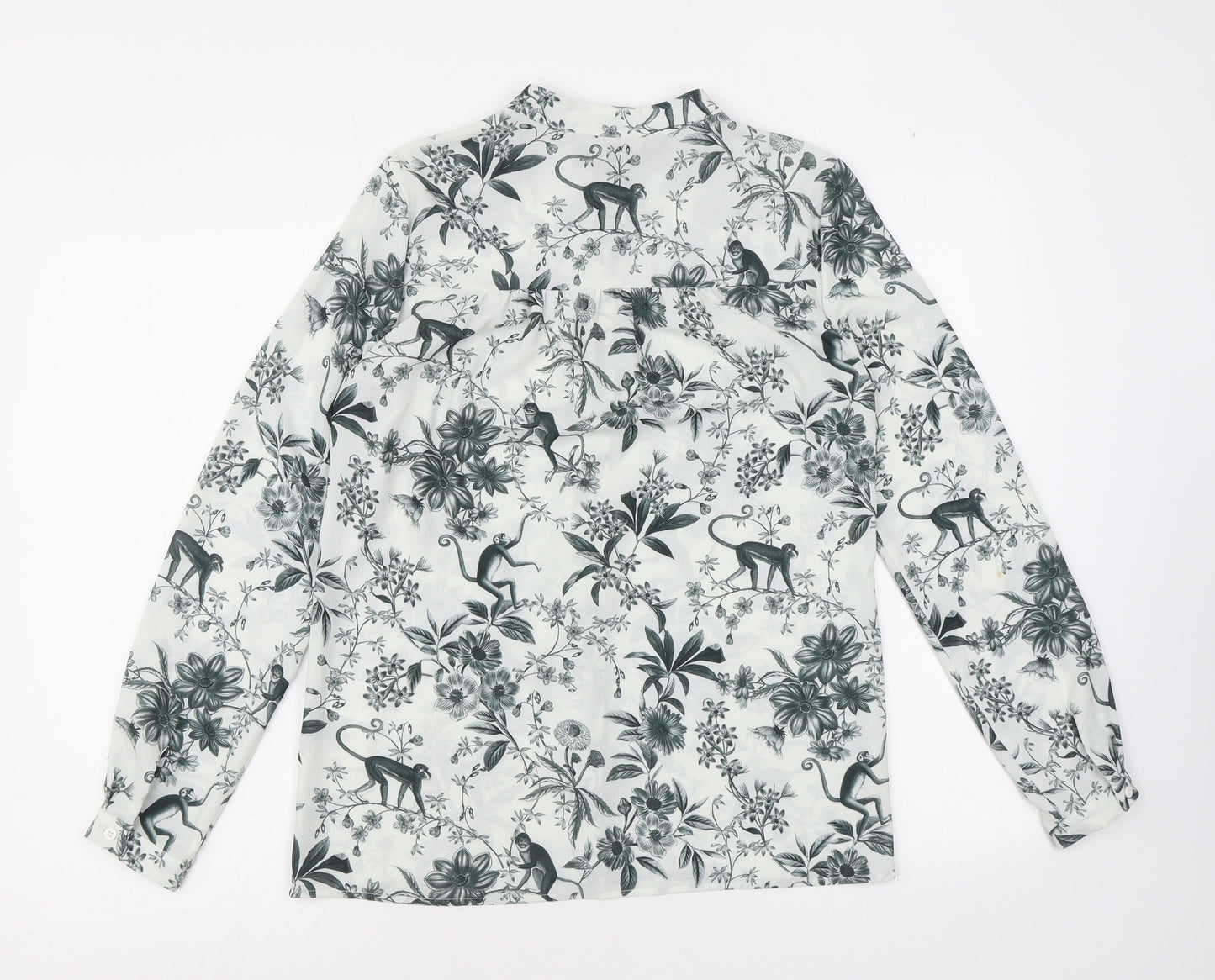 Warehouse Womens White Geometric Polyester Basic Button-Up Size 10 Mock Neck - Monkey Floral Pattern