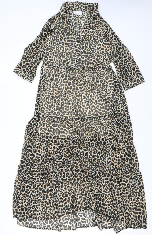 Grace & Mila Womens Brown Animal Print Polyester Maxi Size S Cowl Neck Button