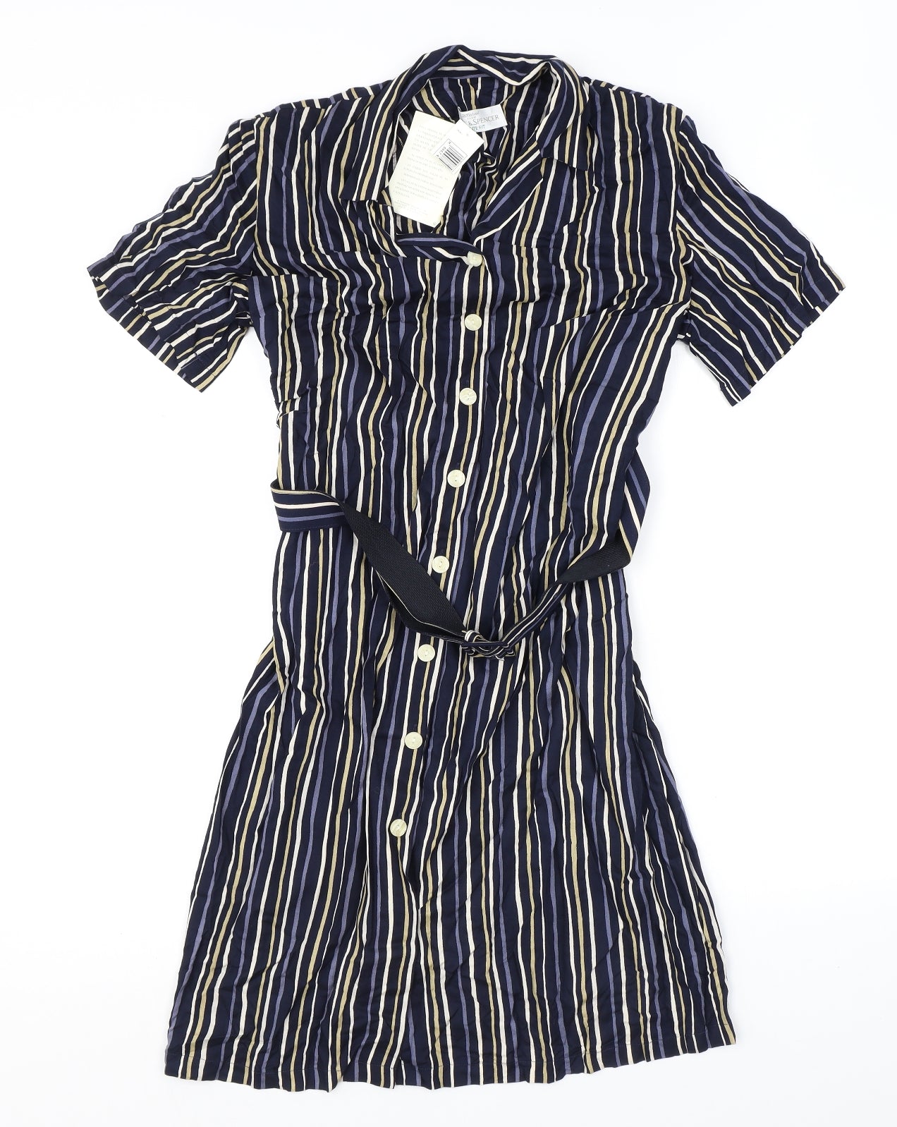 Marks and Spencer Womens Blue Striped Viscose Shirt Dress Size 16 Collared Button