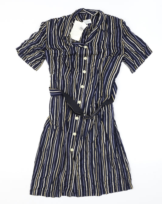 Marks and Spencer Womens Blue Striped Viscose Shirt Dress Size 16 Collared Button
