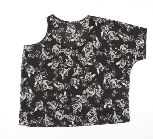 Sparkle & Fade Womens Black Floral Polyester Basic T-Shirt Size M One Shoulder