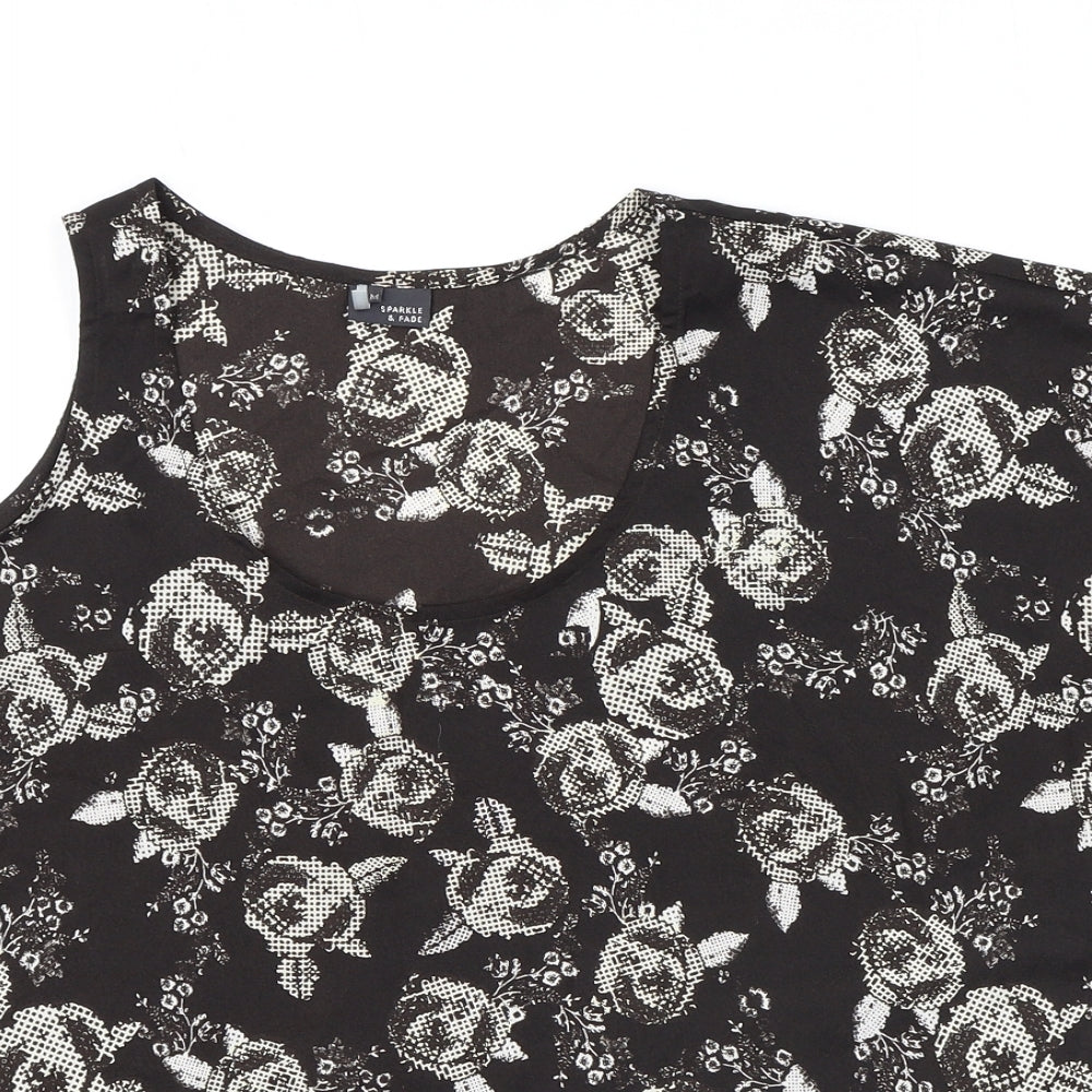 Sparkle & Fade Womens Black Floral Polyester Basic T-Shirt Size M One Shoulder