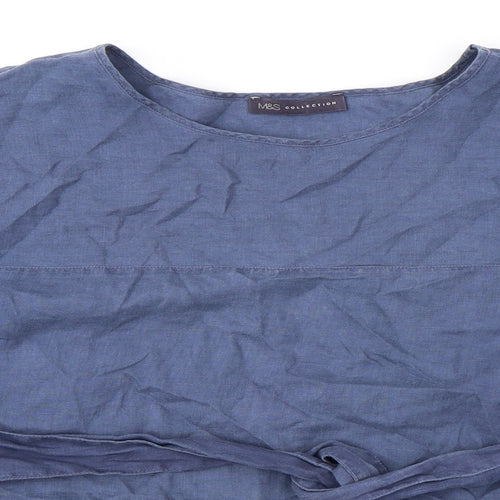 Marks and Spencer Womens Blue Linen Basic Blouse Size 12 Round Neck