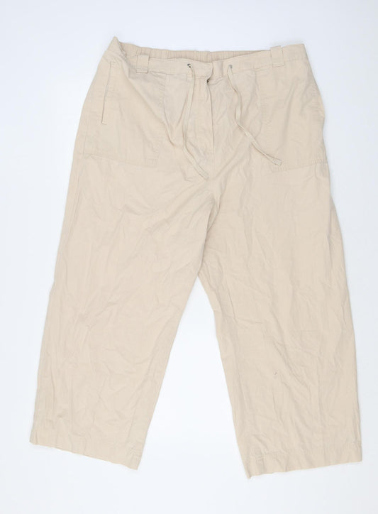 Marks and Spencer Womens Beige Cotton Cropped Trousers Size 20 L23 in Regular Zip - Drawstring