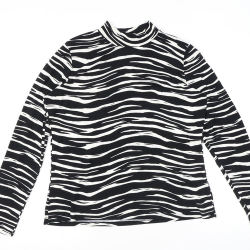 Warehouse Womens Black Animal Print Viscose Basic T-Shirt Size 18 Mock Neck - Zebra Print