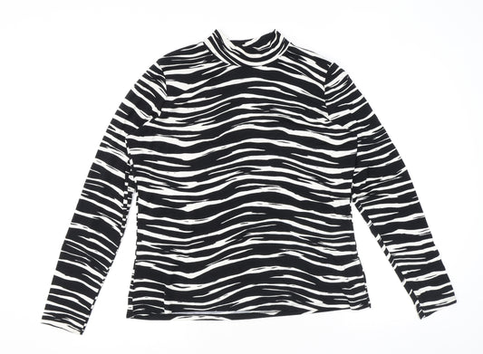 Warehouse Womens Black Animal Print Viscose Basic T-Shirt Size 18 Mock Neck - Zebra Print