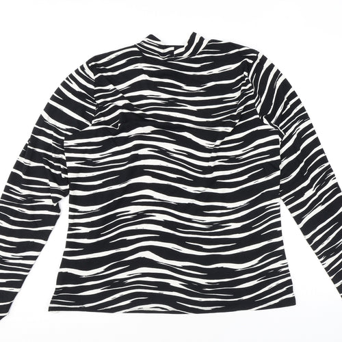 Warehouse Womens Black Animal Print Viscose Basic T-Shirt Size 18 Mock Neck - Zebra Print