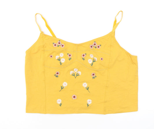 New Look Womens Yellow Cotton Cropped Tank Size 18 V-Neck - Flower Detail