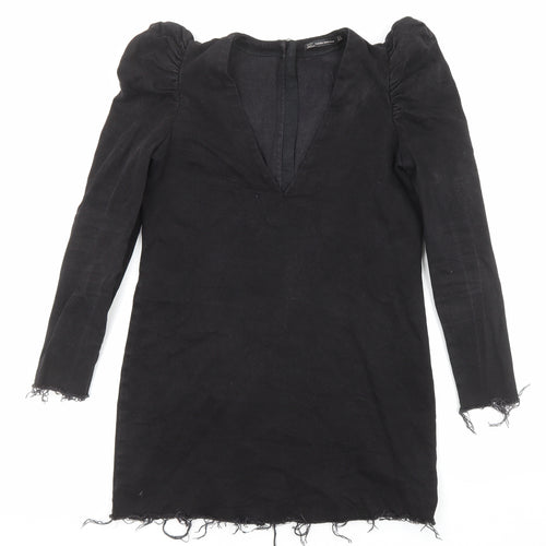 Zara Womens Black Cotton A-Line Size M V-Neck Zip